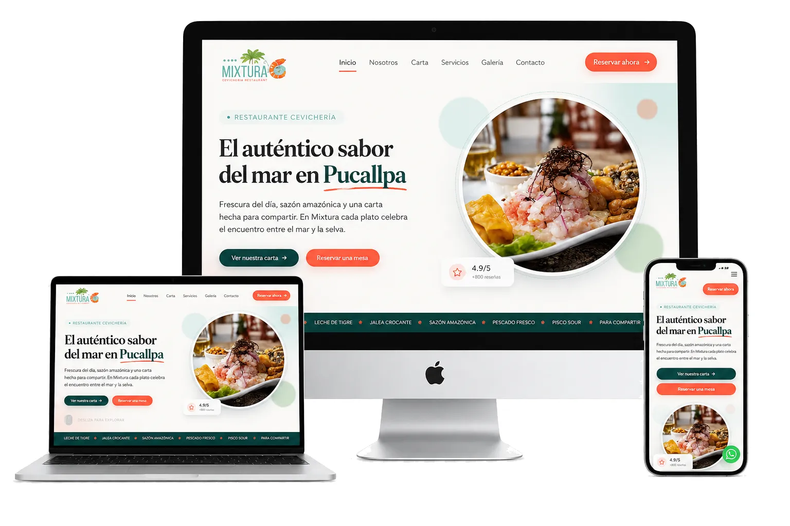 Sitio web de la cevichería Mixtura diseñado por GUBA ESTUDIO LAB, visto en computadora de escritorio, laptop y teléfono móvil